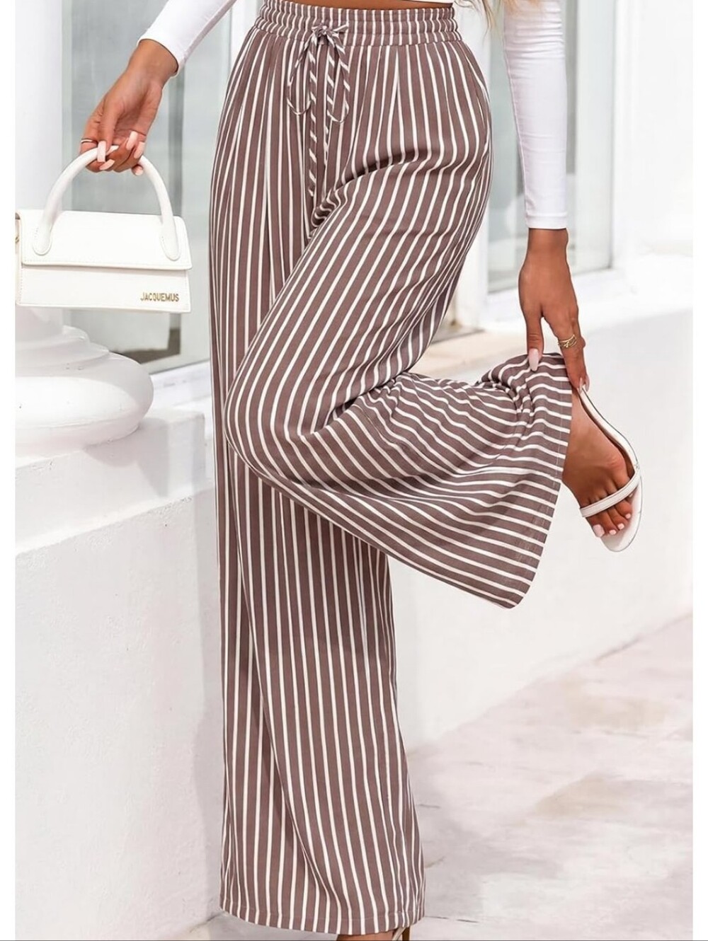 Striped Wide-Leg Drawstring Pants - Brown/White